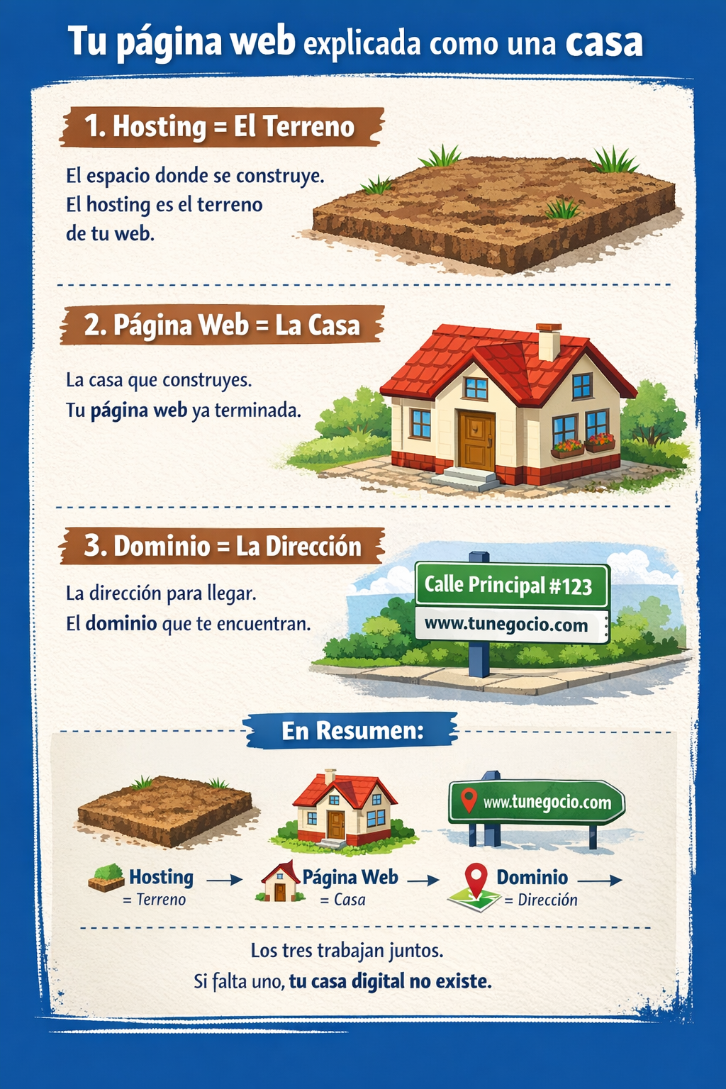 Diferencia entre hosting, dominio y página web (explicación fácil)
